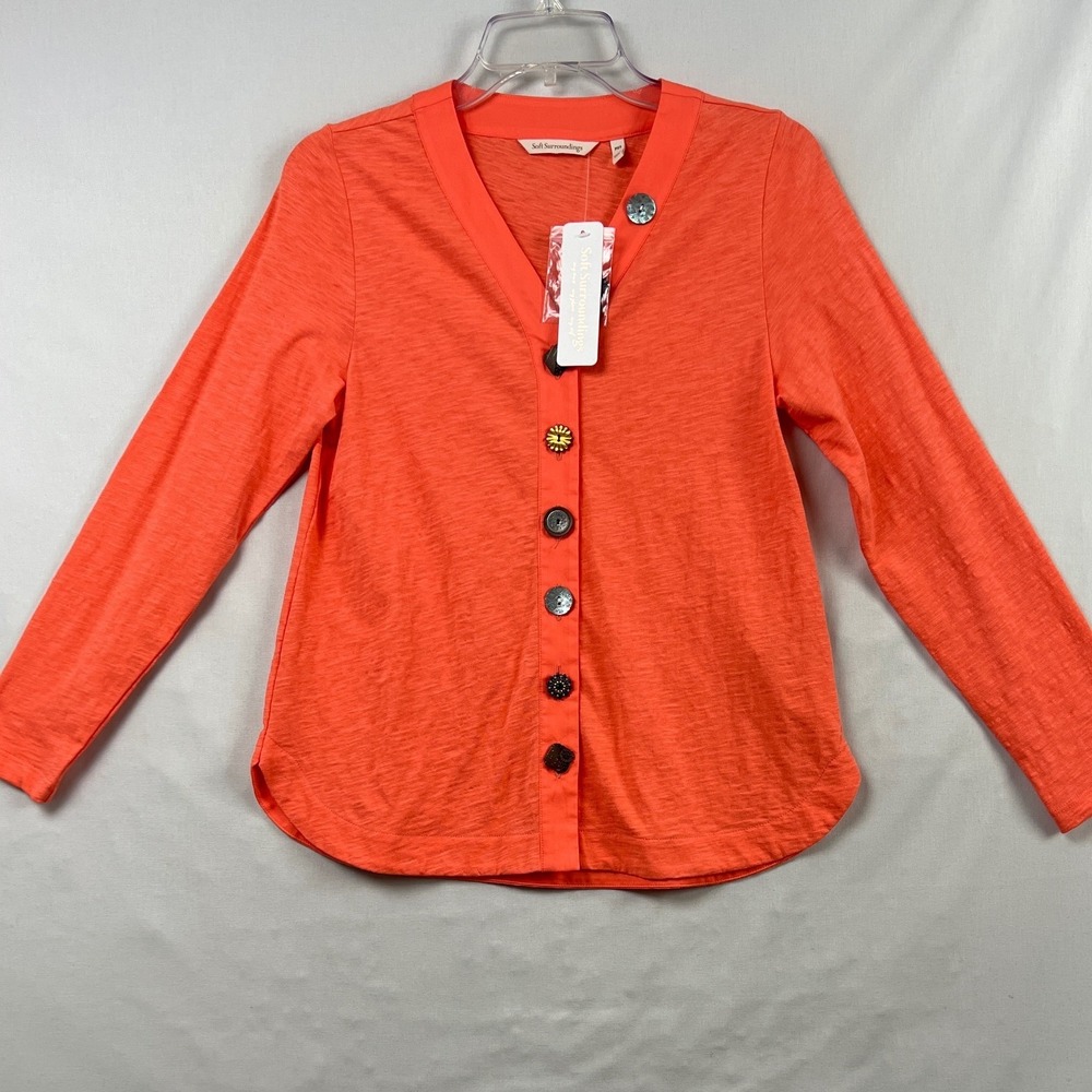 Soft Surroundings Daniella Button Top Women PXS Coral Orange Long Sleeve Cotton